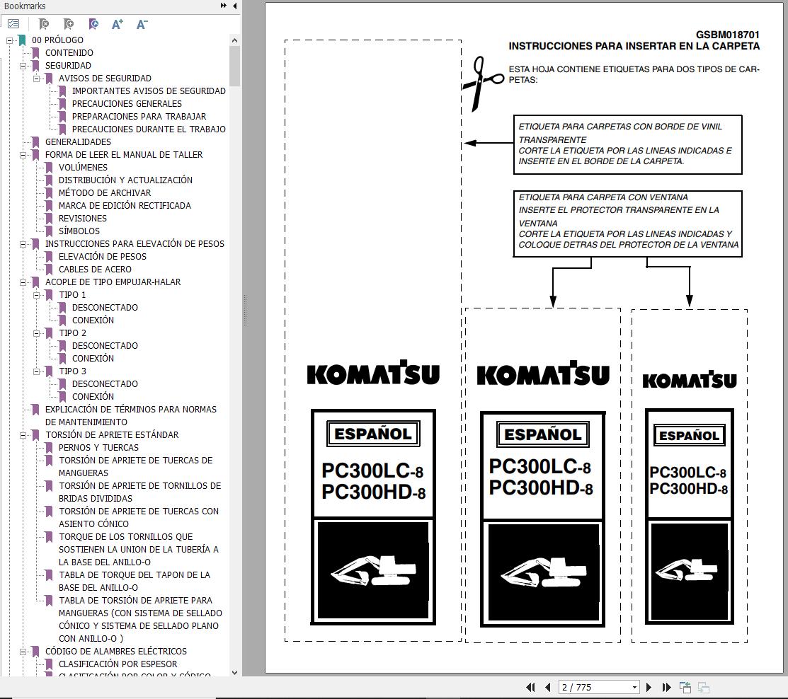 Komatsu Excavator PC300LC 8 PC300HD 8 Shop Manual GSBM018701 ES