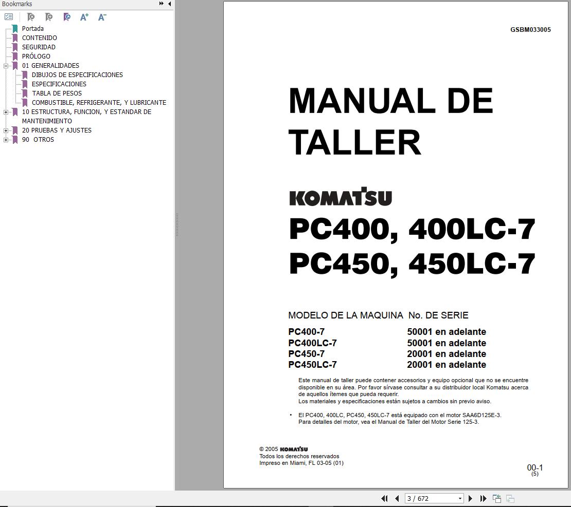 Komatsu Excavator PC400 PC400LC 7 PC450 PC450LC 7 Shop Manual GSBM033005 ES