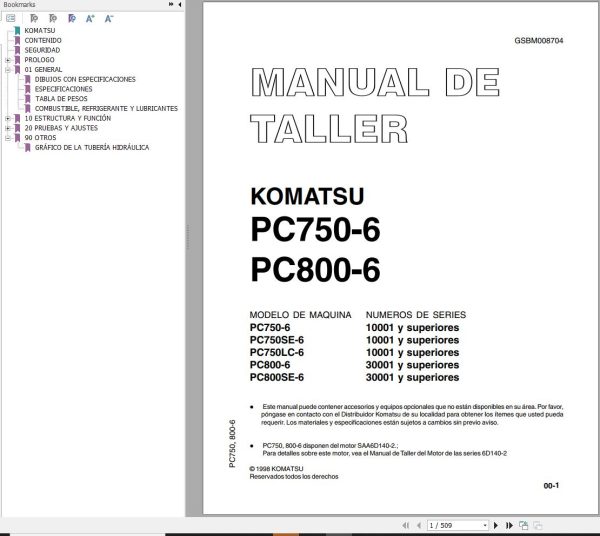 Komatsu Excavator PC750 6 PC800 6 Shop Manual GSBM008704 ES