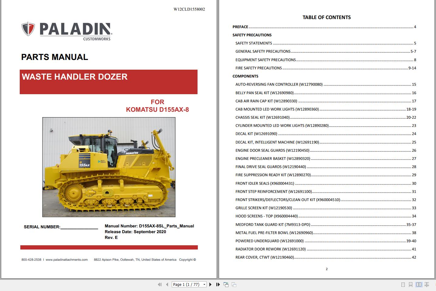 Komatsu Waste Handler Dozers D155AX 8 Part Book W12CLD1558002