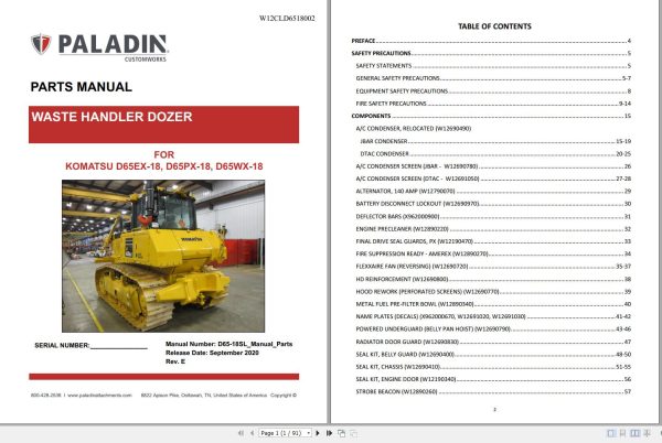 Komatsu Waste Handler Dozers D65EX 18 D65PX 18 D65WX 18 Part Book W12CLD6518002