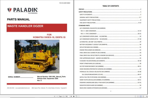 Komatsu Waste Handler Dozers D85EX 18 D85PX 18 Part Book W12CLD8518002