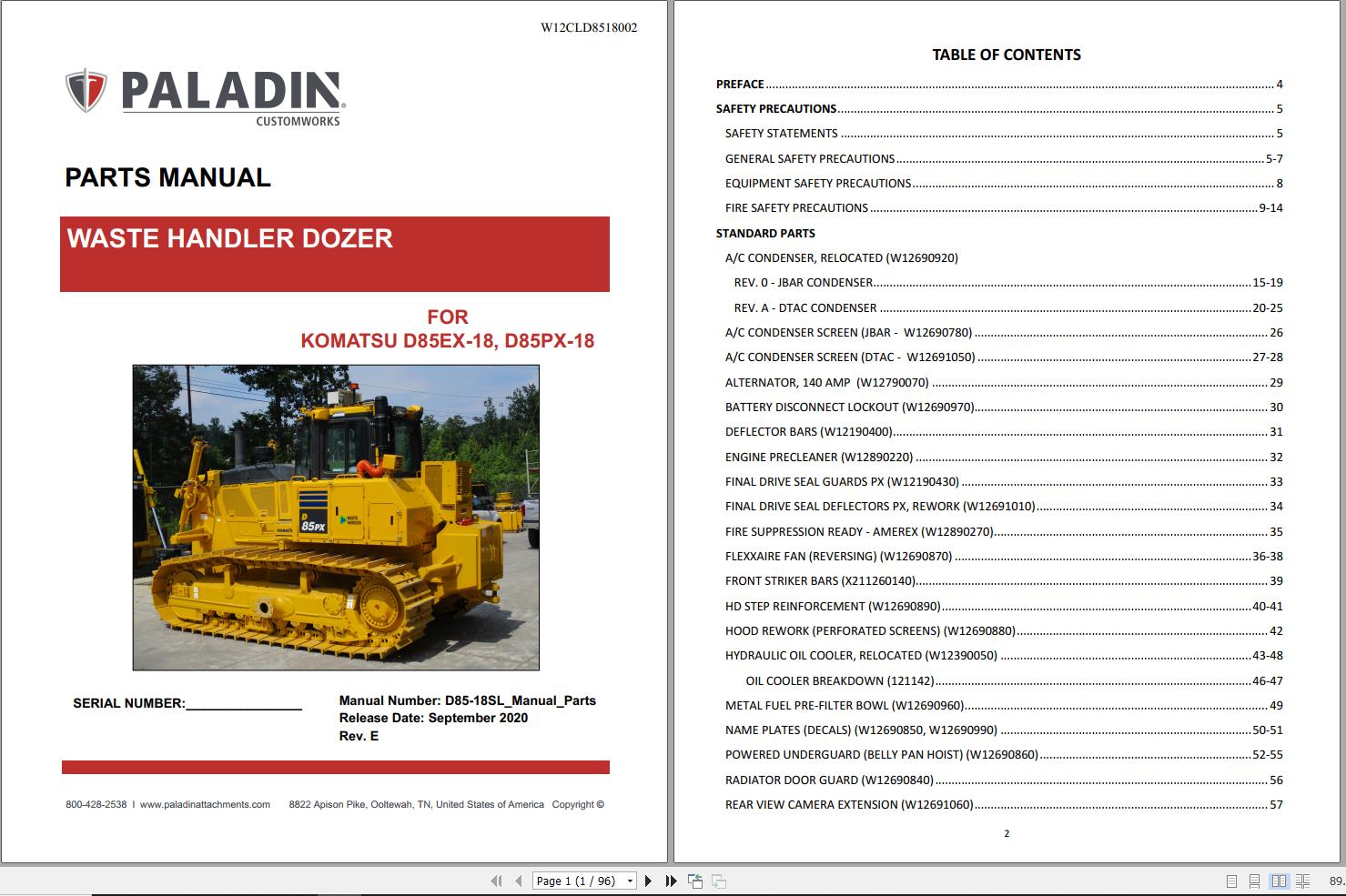 Komatsu Waste Handler Dozers D85EX 18 D85PX 18 Part Book W12CLD8518002