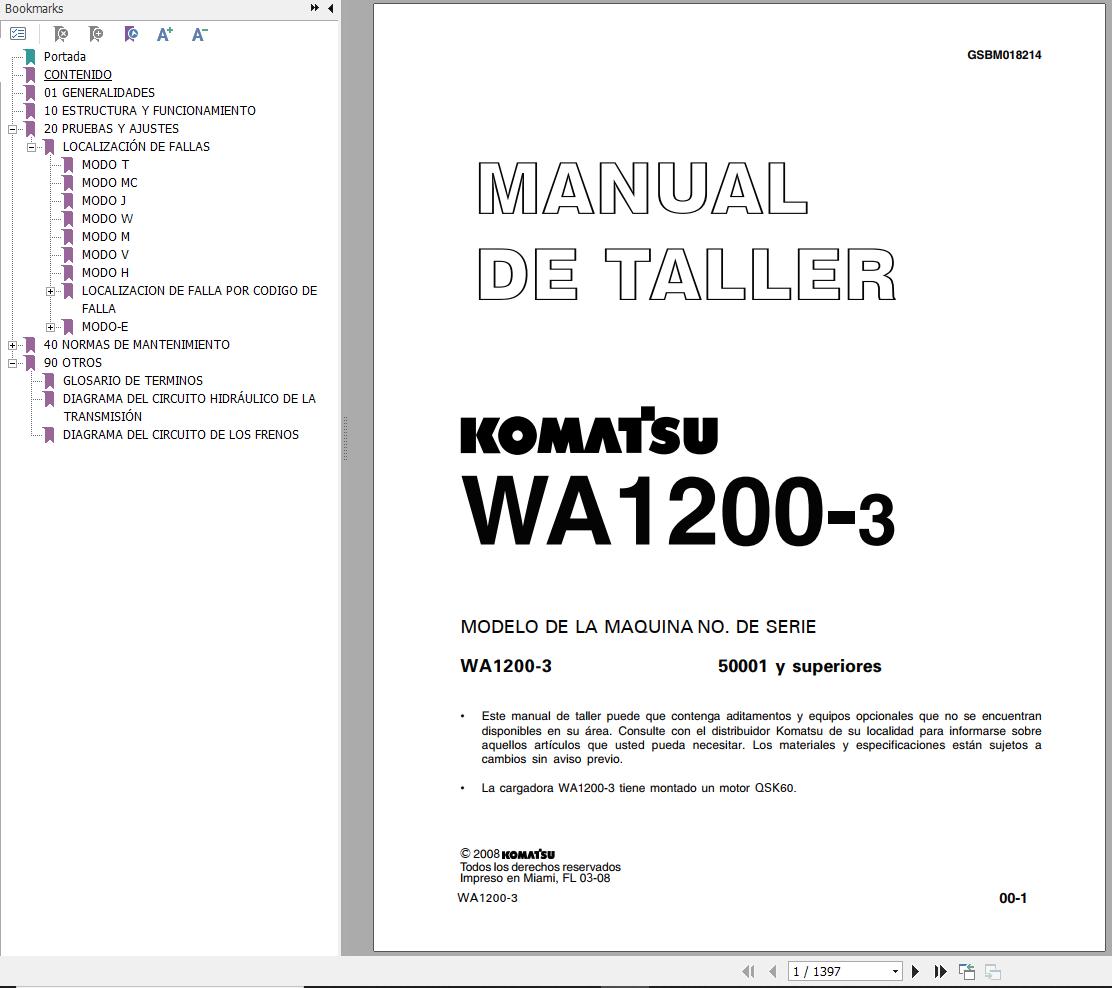 Komatsu Wheel Loader WA1200 3 Shop Manual GSBM018214 ES