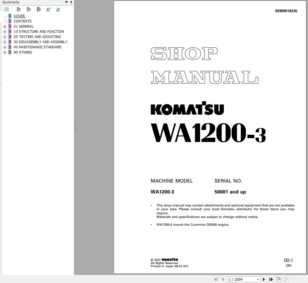 Komatsu Wheel Loader WA1200 3 Shop Manual SEBM018235