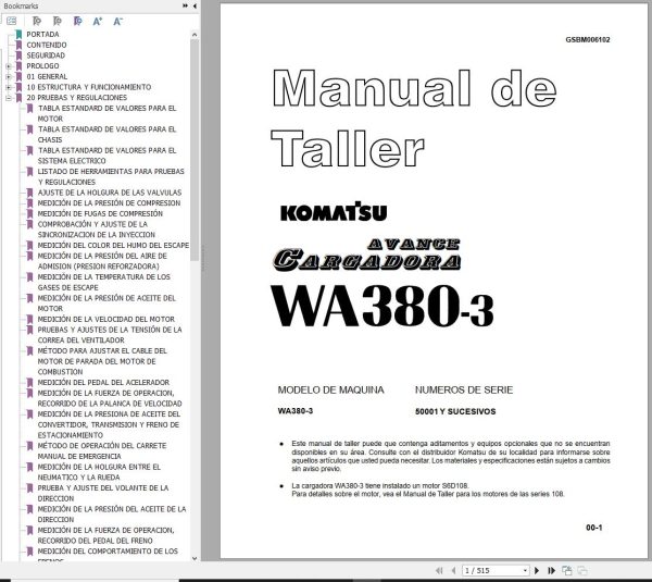 Komatsu Wheel Loader WA380 3 Shop Manual GSBM006102 ES