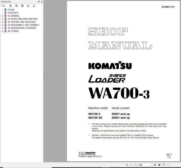 Komatsu Wheel Loader WA700 3 Shop Manual