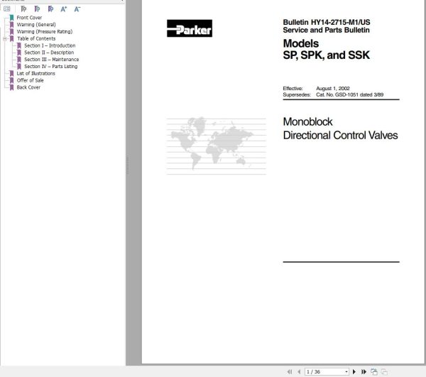 Parker Control Valve SP SPK SSK Parts And Service Manual 915118