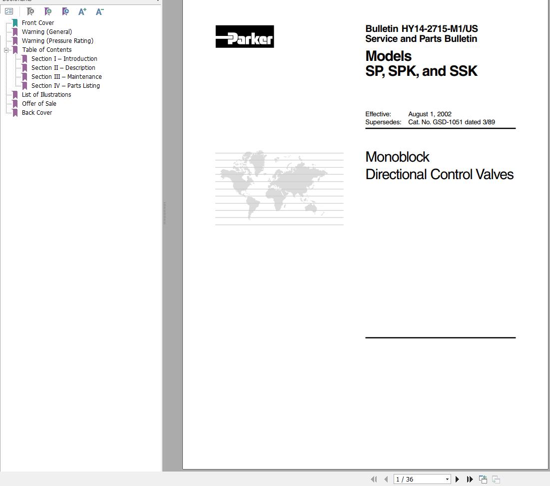 Parker Control Valve SP SPK SSK Parts And Service Manual 915118