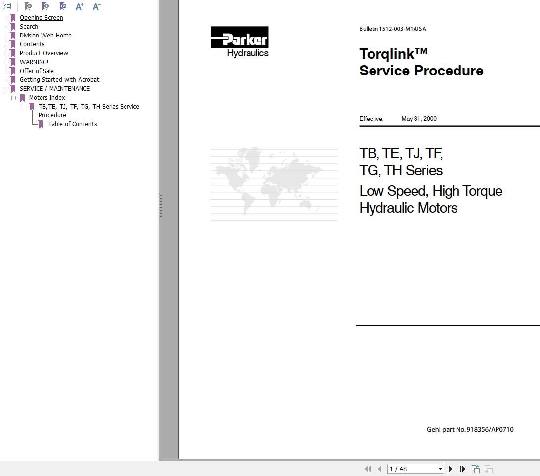 Parker Hydraulic Motor TB TE TJ TF TG TH Series Service Manual 918356