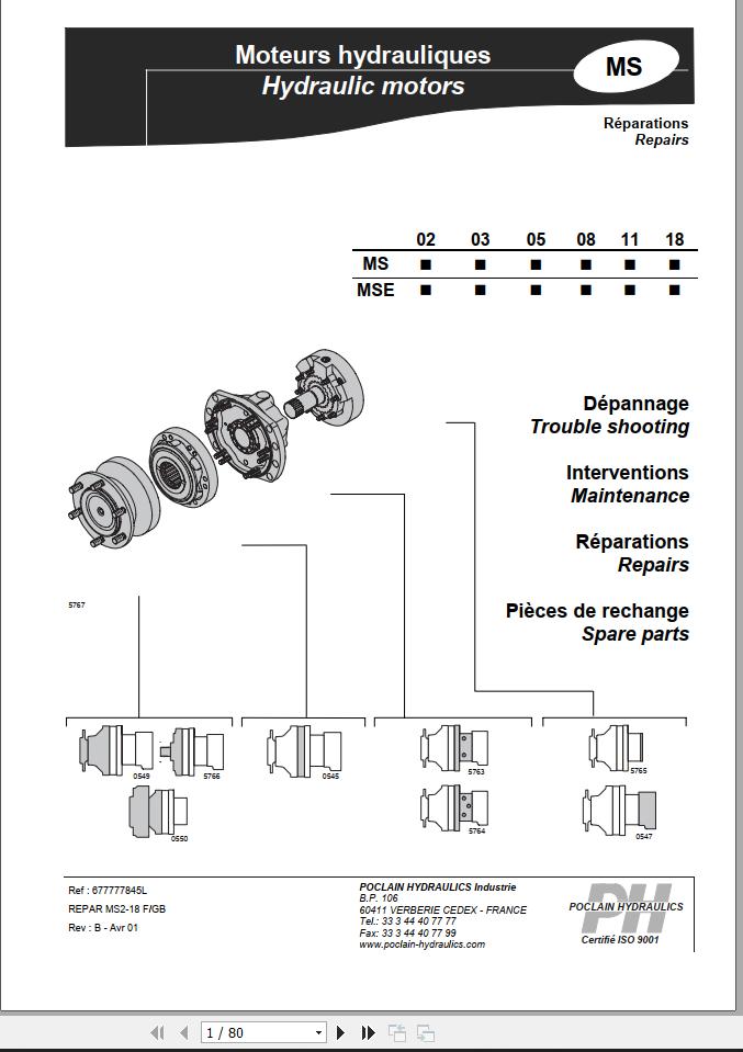 Poclain Hydraulic Motors MS02 to MSE18 Repair Manual 917122 FR EN