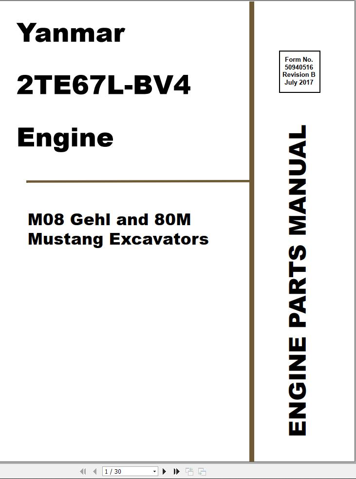Yanmar Engine 2TE67L BV4 Parts Manual 50940516B