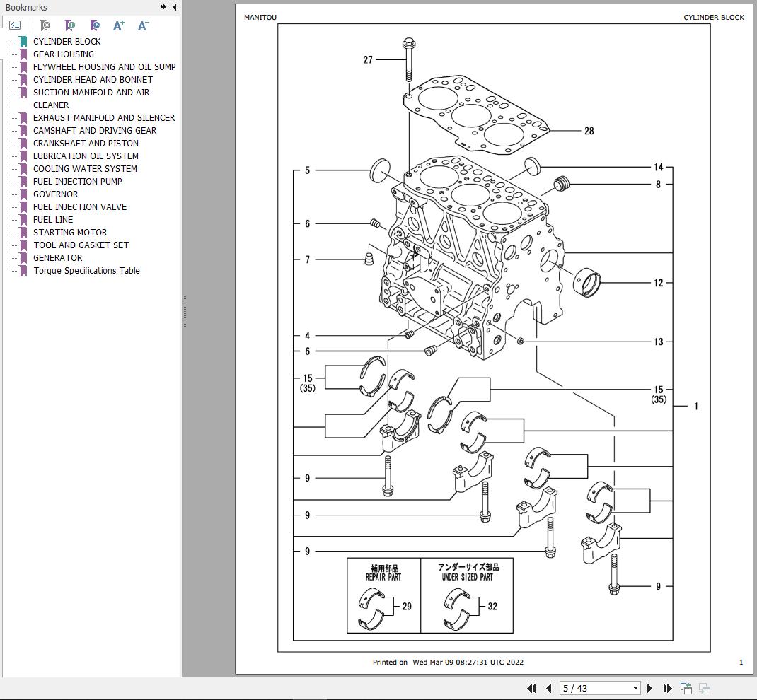 Yanmar Engine 3TNV82A BPMS Parts Manual 917382