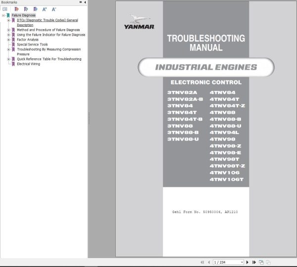 Yanmar Engine 3TNV82A to 4TNV106T Troubleshooting Manual 50950006