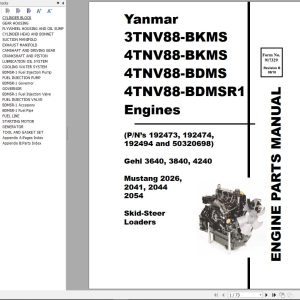 Yanmar Engine 3TNV88 BKMS to 4TNV88 BDMSR 1 Parts Manual 917329B