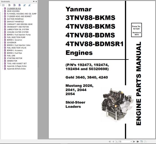 Yanmar Engine 3TNV88 BKMS to 4TNV88 BDMSR 1 Parts Manual 917329B