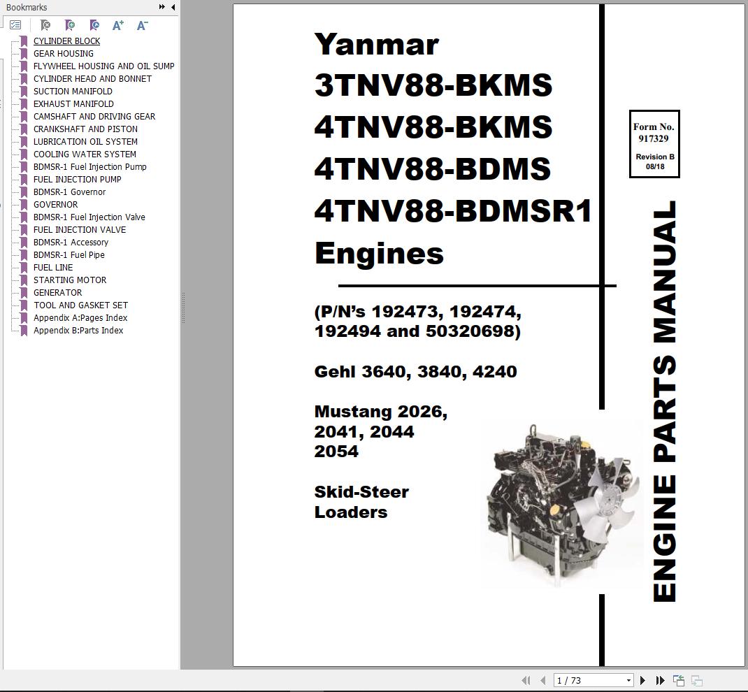 Yanmar Engine 3TNV88 BKMS to 4TNV88 BDMSR 1 Parts Manual 917329B