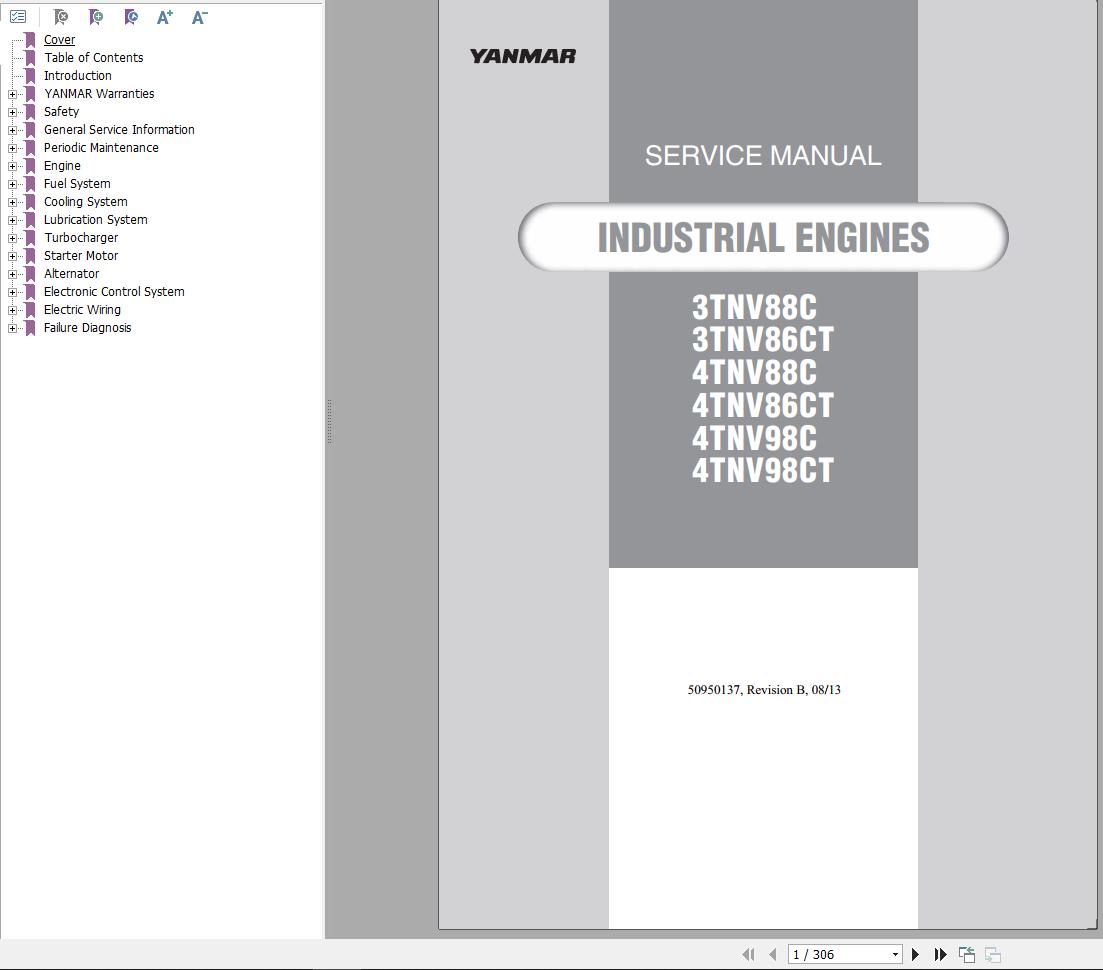 Yanmar Engine 3TNV88C to 4TNV98CT Service Manual 50950137b