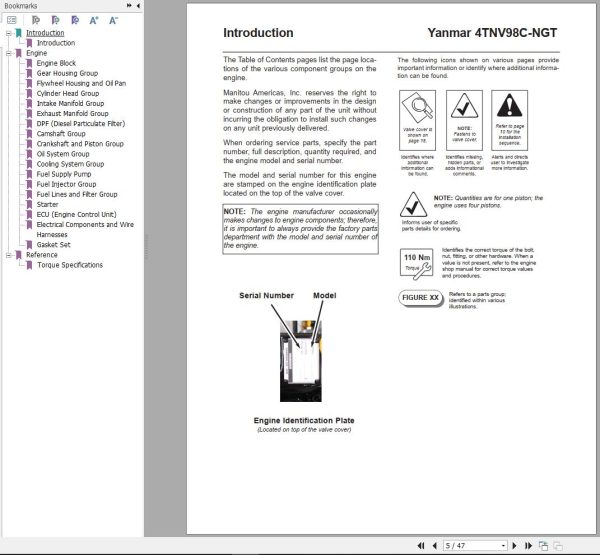 Yanmar Engine 4NTV98C NGT Tier IV Parts Manual 50960075