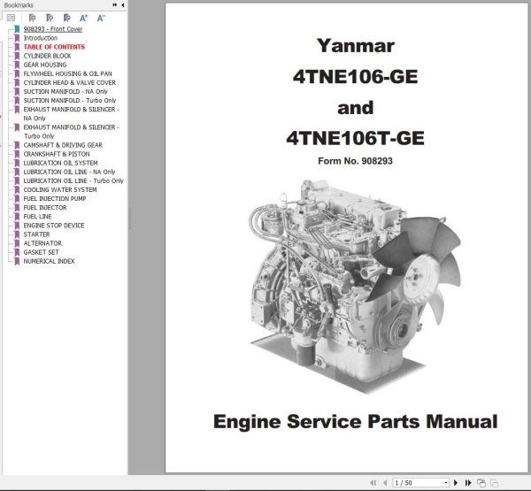 Yanmar Engine 4TNE106 GE 4NTE106T GE Engine Service Parts Manual 908293A