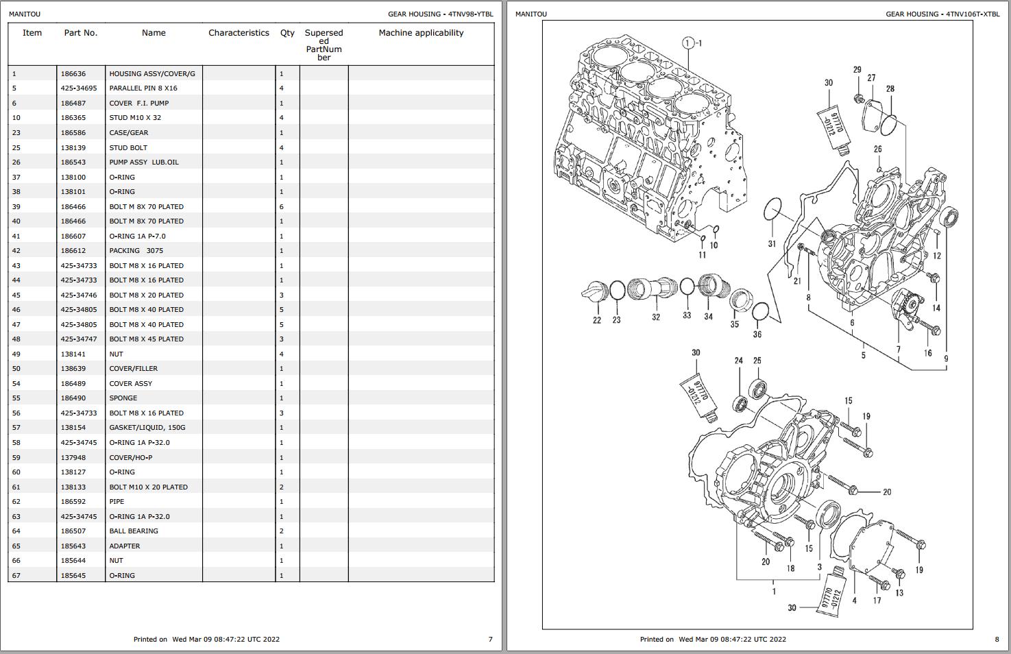 Yanmar Engine 4TNV98 YTBL 4TNV106T XTBL Parts Manual 917086 1