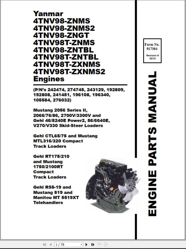 Yanmar Engine 4TNV98 ZNMS To 4TNV98T ZXNMS2 Parts Manual