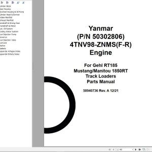 Yanmar Engine 4TNV98 ZNMSF R Parts Manual 50940736A