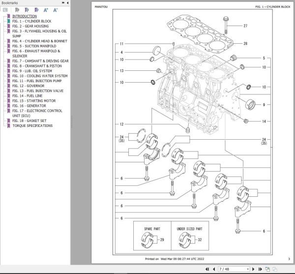 Yanmar Engine 4TNV98 ZWBV2 Parts Manual 50940213