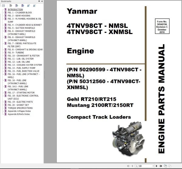 Yanmar Engine 4TNV98CT NMSL 4TNV98CT XNMSL Parts Manual 50940196C