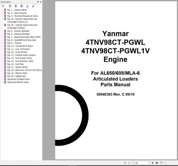 Yanmar Engine 4TNV98CT PGWL 4TNV98CT PGWL1V Parts Manual 50940385C