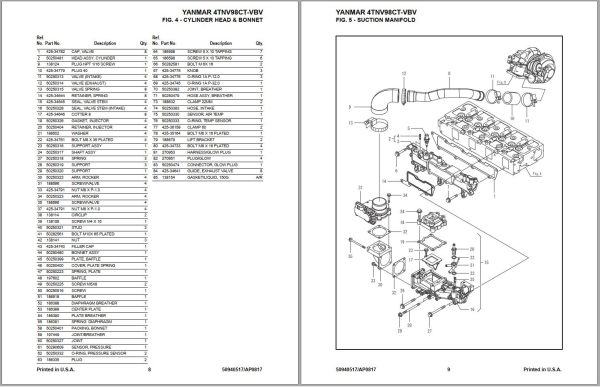 Yanmar Engine 4TNV98CT VBV Parts Manual 50940517A 1