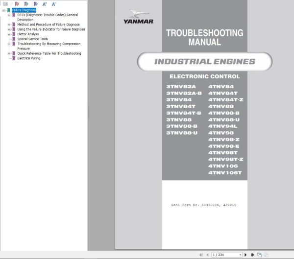 Yanmar Engines 3TNV82A to 4TNV106T Troubleshooting Manual 50950006
