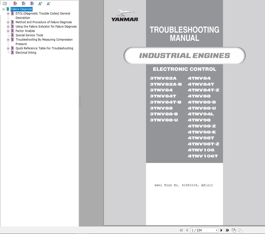 Yanmar Engines 3TNV82A to 4TNV106T Troubleshooting Manual 50950006