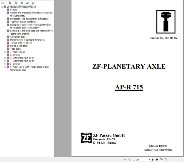 ZF Planetary Axle AP R715 Service Manual 918363