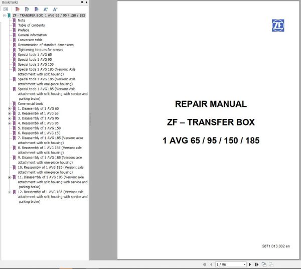 ZF Transfer Box 1AVG65 to 1AVG185 Service Manual 50940523
