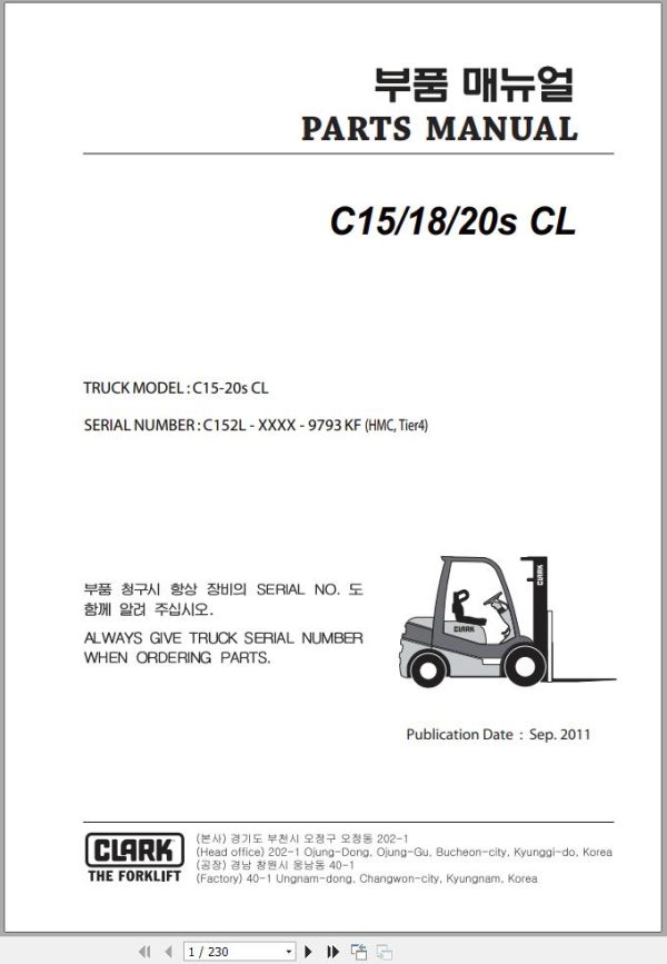 Clark Forklift C15 18 20s CL 9793 KF HMC Tier 4 Parts Manual 1