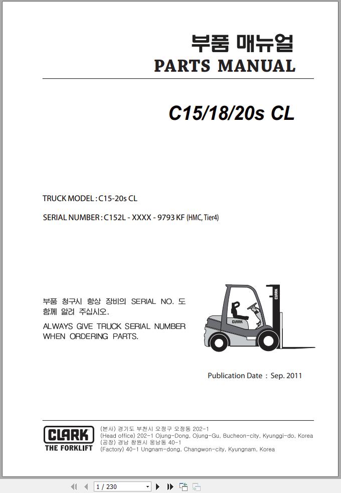 Clark Forklift C15 18 20s CL 9793 KF HMC Tier 4 Parts Manual 1