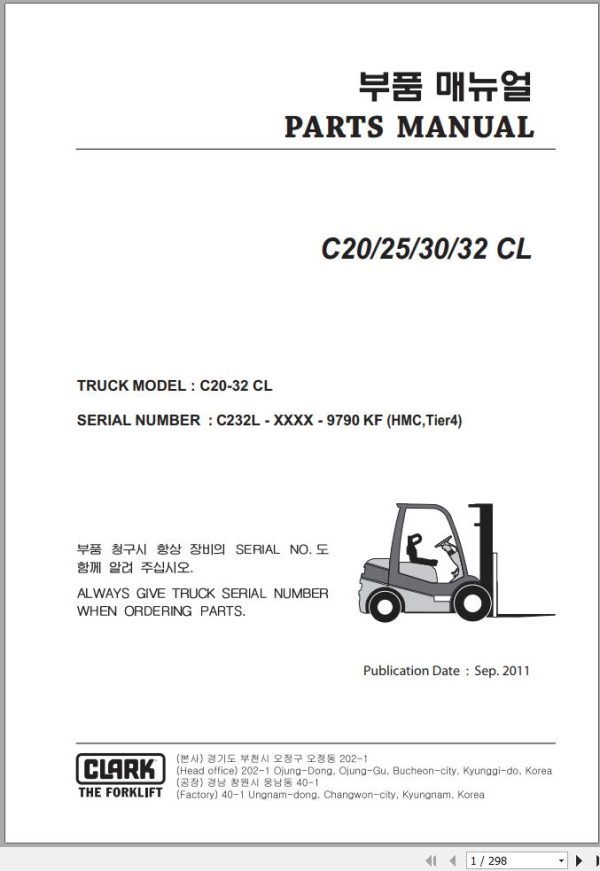 Clark Forklift C20 25 30 32 CL 9790 KF HMC Tier 4 Parts Manual 1