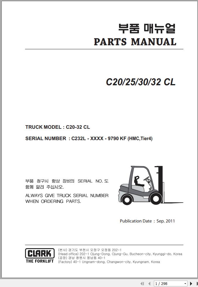Clark Forklift C20 25 30 32 CL 9790 KF HMC Tier 4 Parts Manual 1