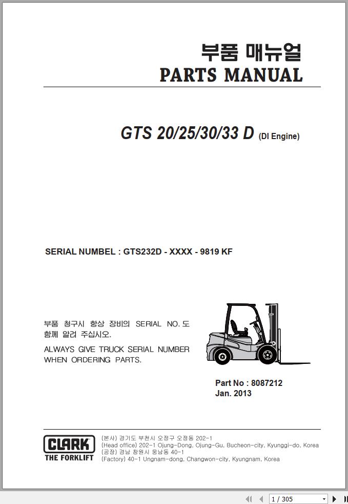Clark Forklift GTS20 25 30 33 D DI Engine Parts Manual 8087212 1 1