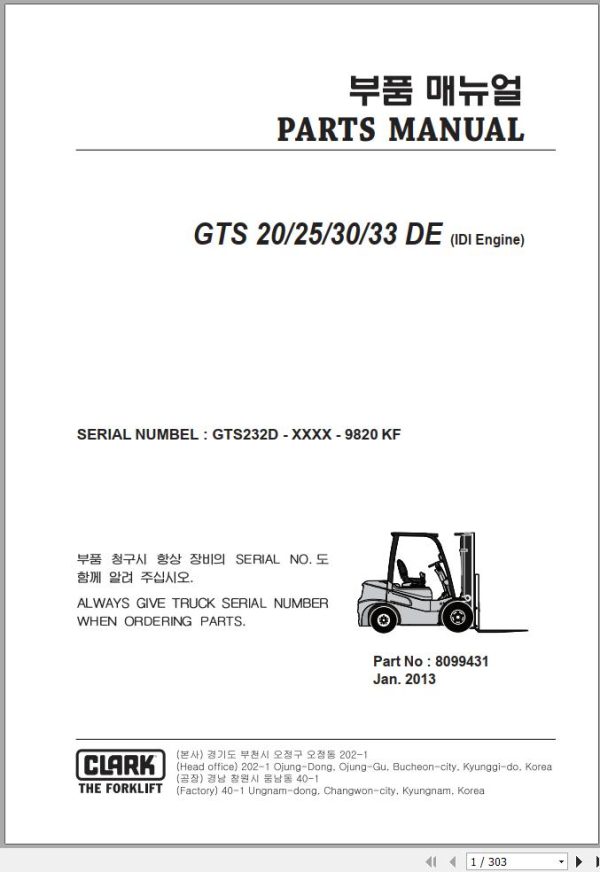 Clark Forklift GTS20 25 30 33 DE IDI Engine Parts Manual 8099431 1
