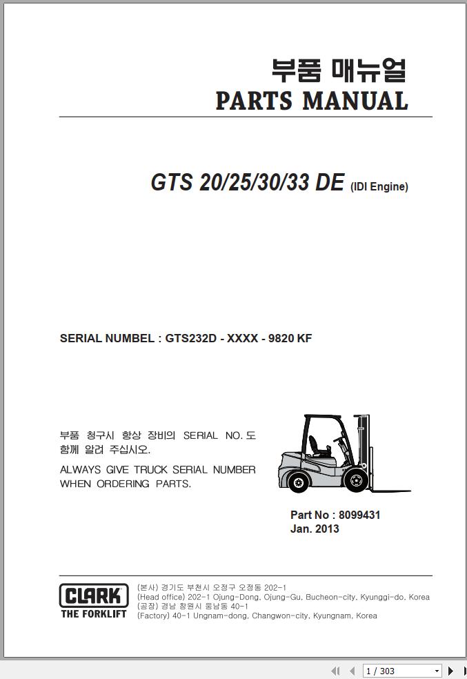 Clark Forklift GTS20 25 30 33 DE IDI Engine Parts Manual 8099431 1