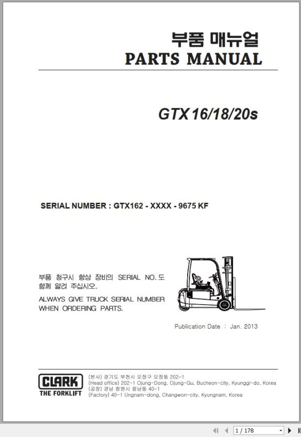 Clark Forklift GTX16 18 20s Parts Manual 1