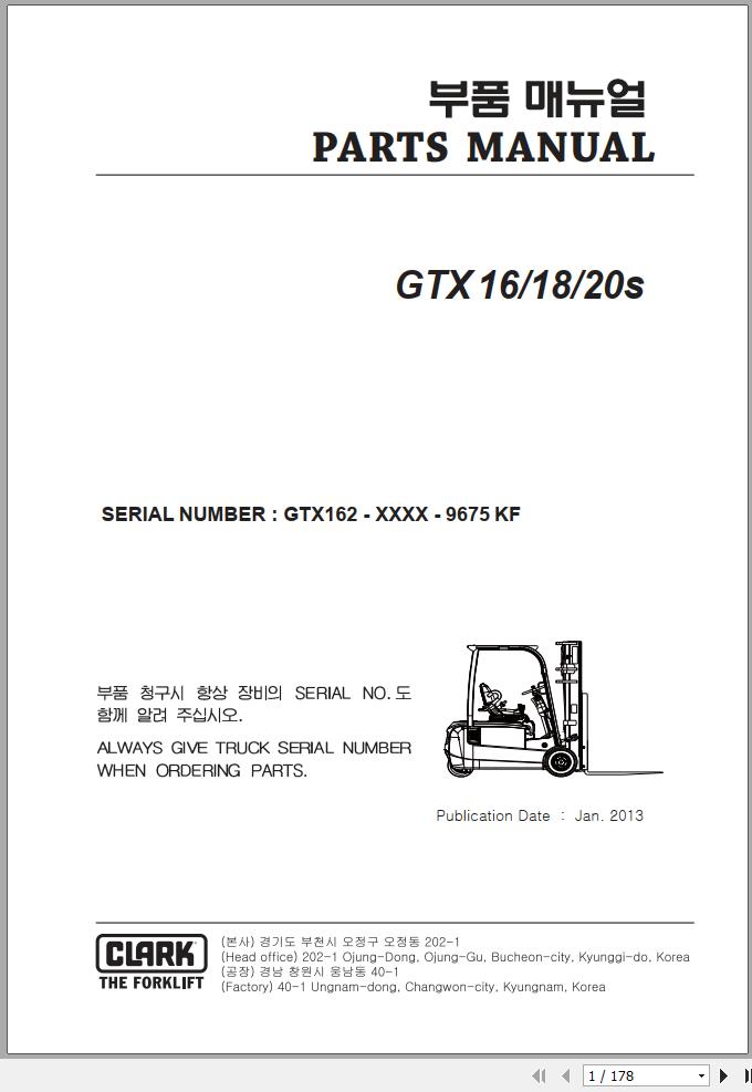 Clark Forklift GTX16 18 20s Parts Manual 1