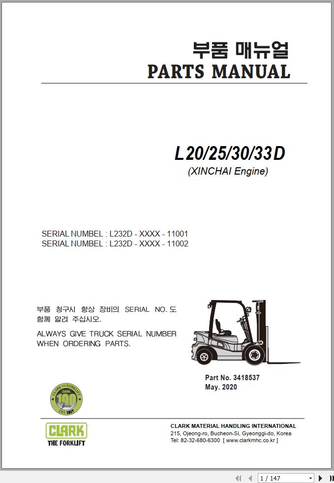Clark Forklift L20 25 30 33 D XINCHAI Engine Parts Manual 3418537 1