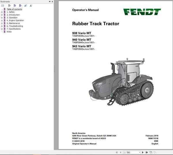 FENDT 900 MT S4 T1 17 Stage 4f VIN xxxF09xxxJxxx1001 Operators Manual