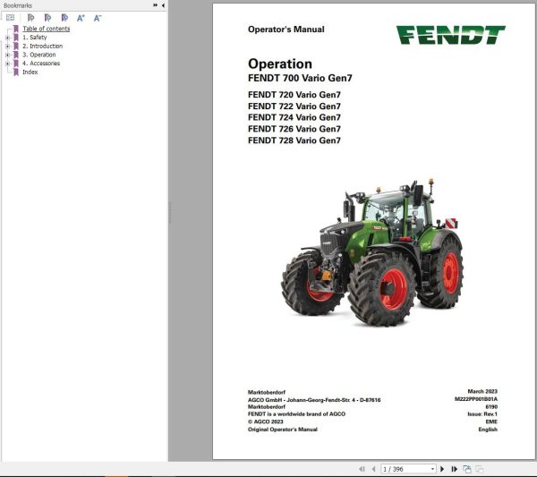 Fendt 700 Vario Gen7 VIN 706 707 708 709 Operators Manual