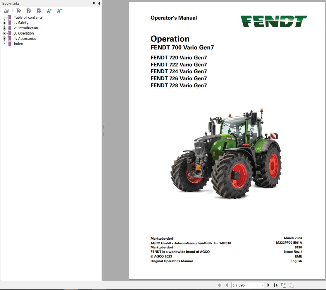 Fendt 700 Vario Gen7 VIN 706 707 708 709 Operators Manual