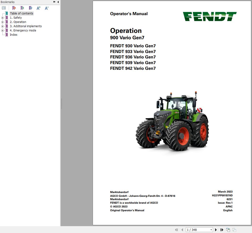 Fendt 900 Vario Gen7 VIN 968 969 970 971 Operators Manual