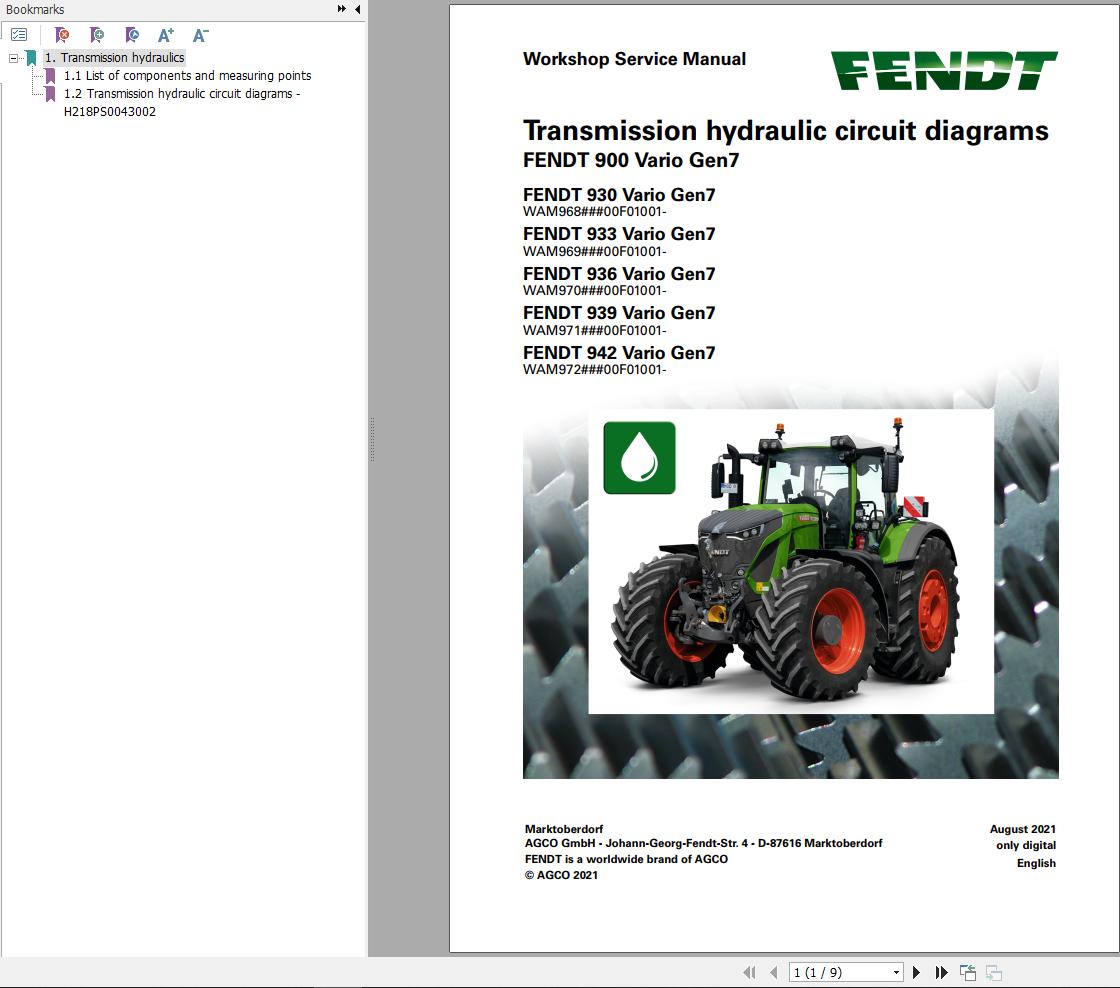 Fendt 900 Vario Gen7 VIN 968 969 970 971 Transmission Hydraulic Circuit Diagrams 738110
